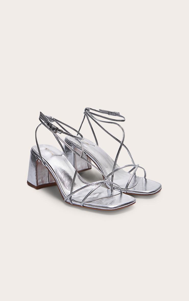 Silver Pu Round Toe Strappy Mid Block Heeled Sandals Product Image