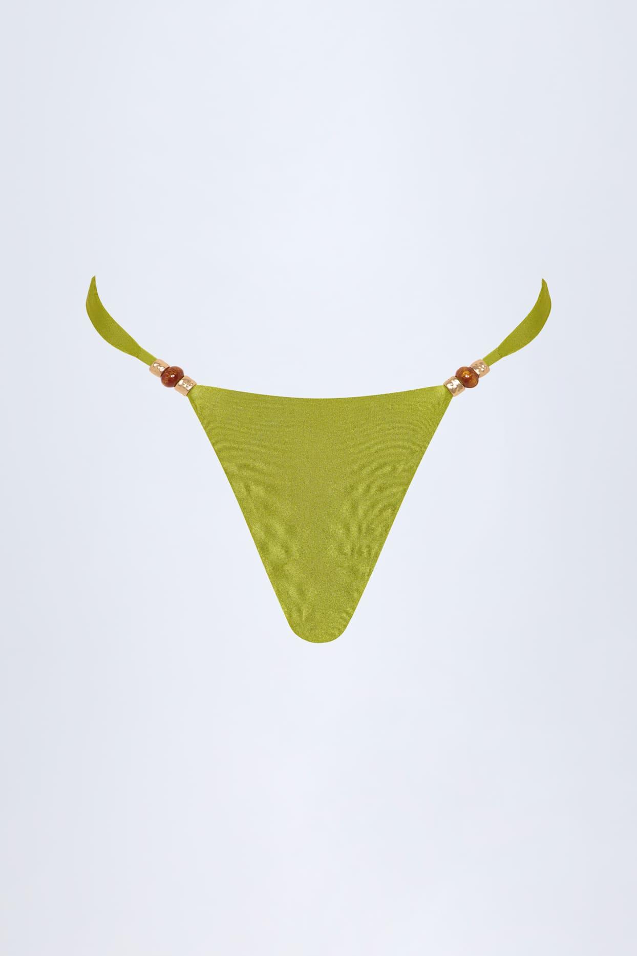 Bead-Embellished Cheeky Bikini Bottoms in Olive Green Product Image
