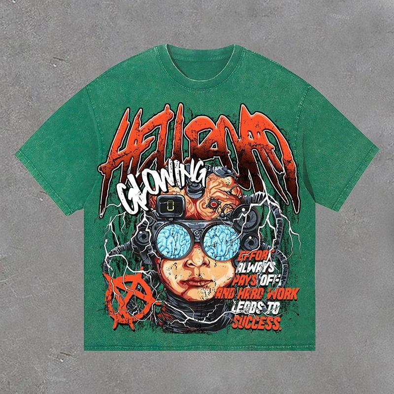 Hell Road Vintage Flame Portrait Print Acid Washed T-Shirt Product Image