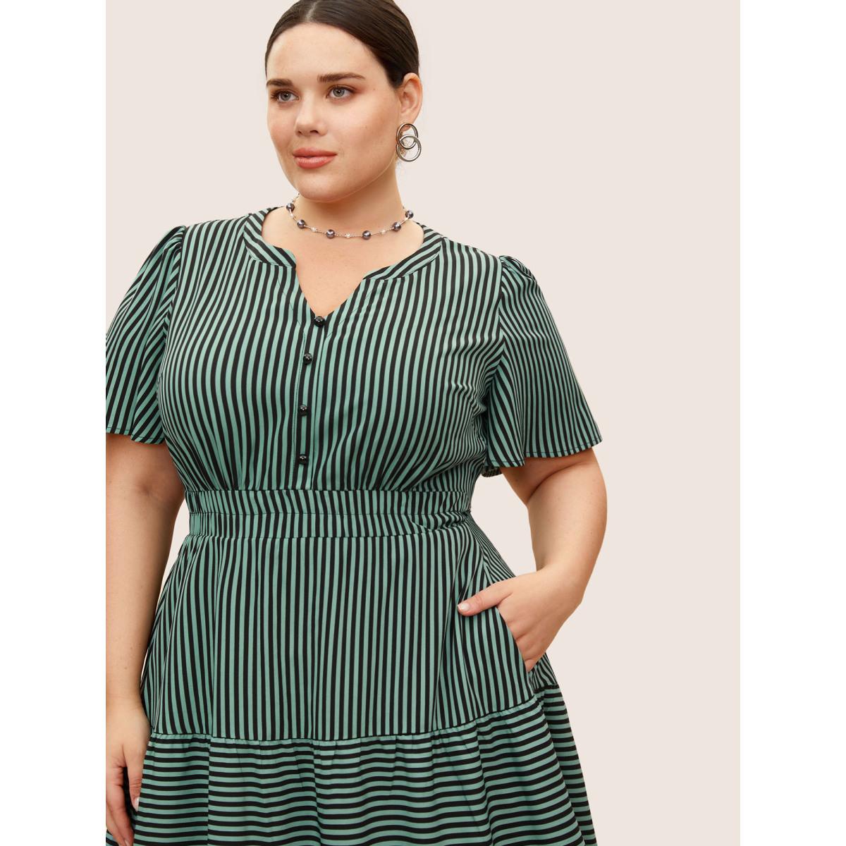 Plus Size Striped Button Detail Ruffle Layered Hem Dress Emerald Women At the Office Button Notched collar Short sleeve Curvy BloomChic 12/L Product Image