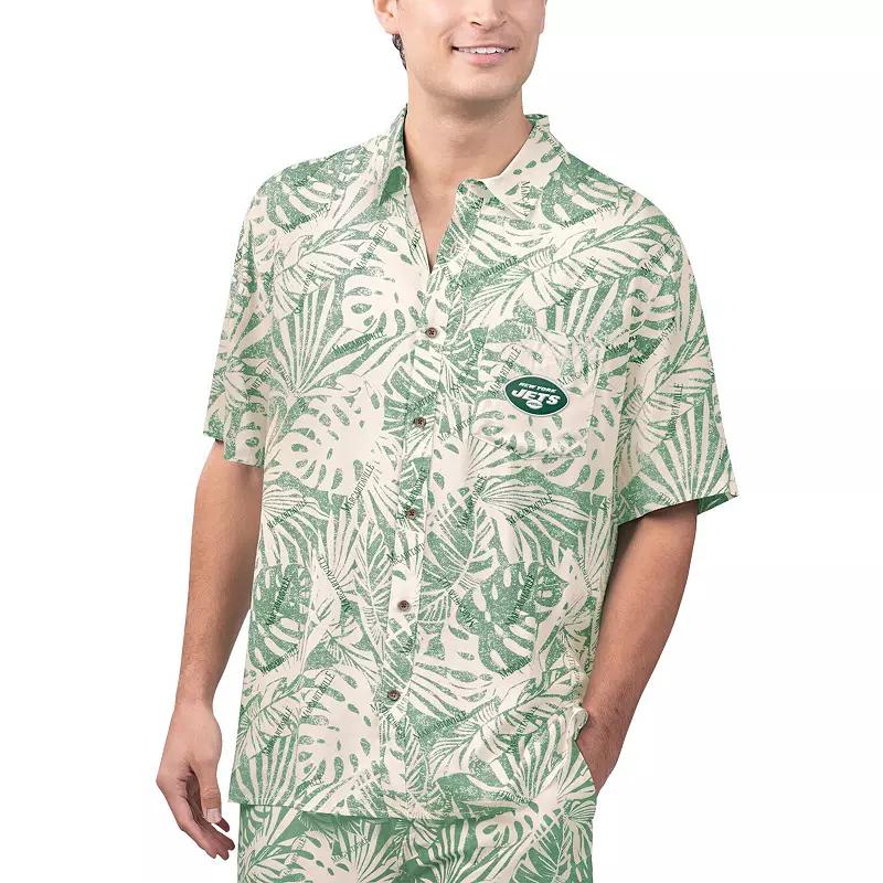 Men's Margaritaville Tan Philadelphia Eagles Sand Washed Monstera Print Party Button-Up Shirt, Size: Medium, Team Product Image