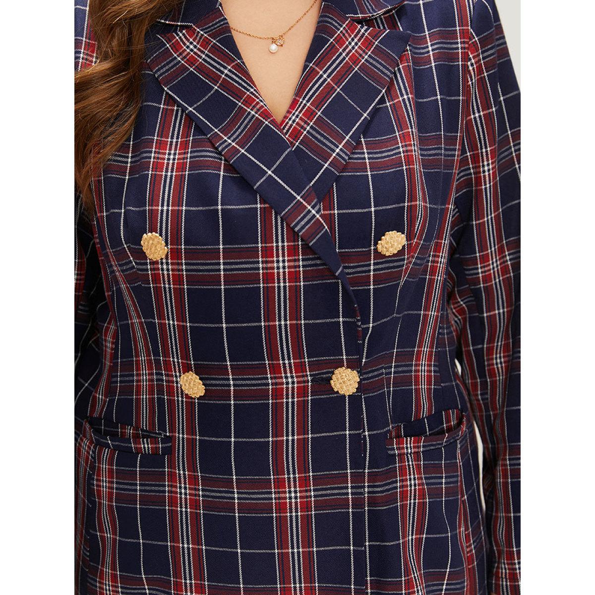 Plus Size Plaid Suit Collar Button Up Pocket Blazer Indigo Women Dailywear Plaid Contrast Sleeve Long Sleeve Suit Collar 14-16/1X Pocket Casual Blazers BloomChic Product Image