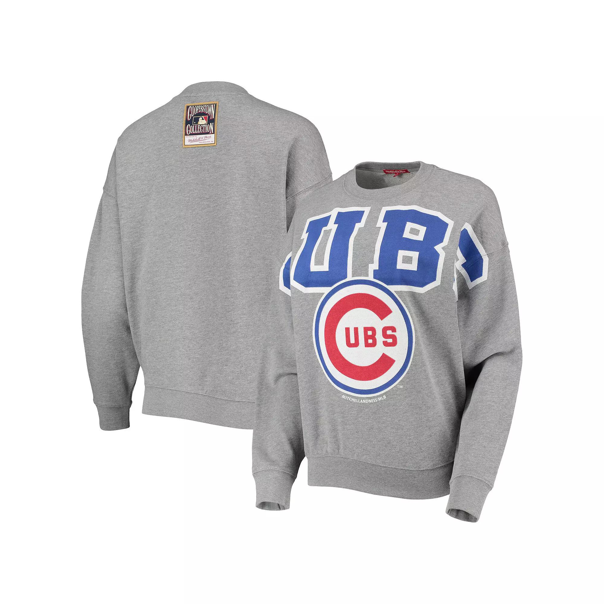 Women's Mitchell & Ness Heathered Gray Chicago Cubs Cooperstown Collection Logo Lightweight Pullover Sweatshirt,  Product Image