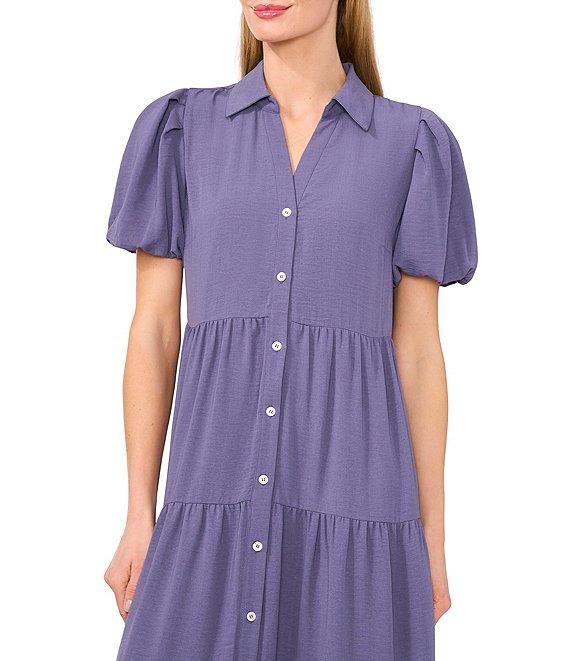 CeCe Gauze Point Collar Short Puff Sleeve Button Front Tiered Midi Shirt Dress Product Image