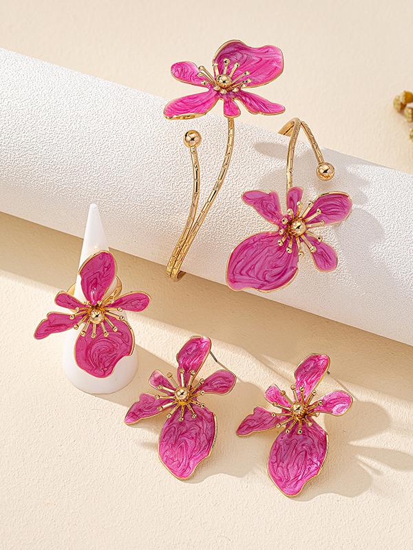 Flower Shape Bracelet + Earrings + Rings Accessories Three Pieces Product Image