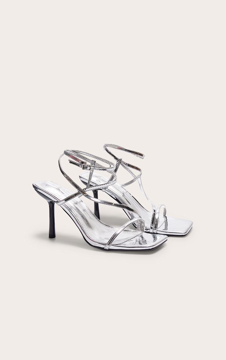 Silver Metallic PU Square Toe Asymmetric Strap Barely There Heeled Sandals Product Image