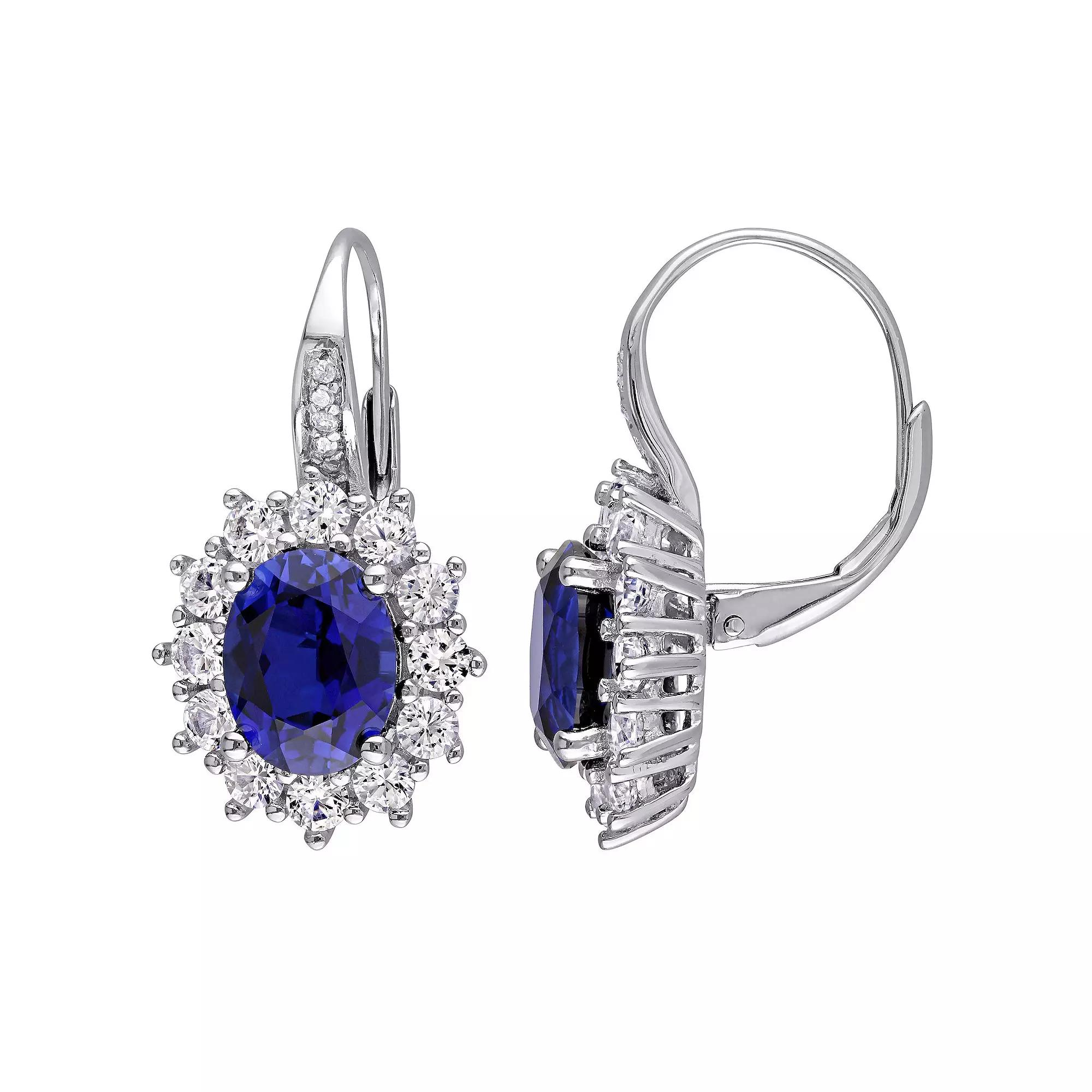 Stella Grace Sterling Silver Lab-Created Blue Sapphire, Lab-Created White Sapphire & Diamond Accent Leverback Earrings, Women's Product Image