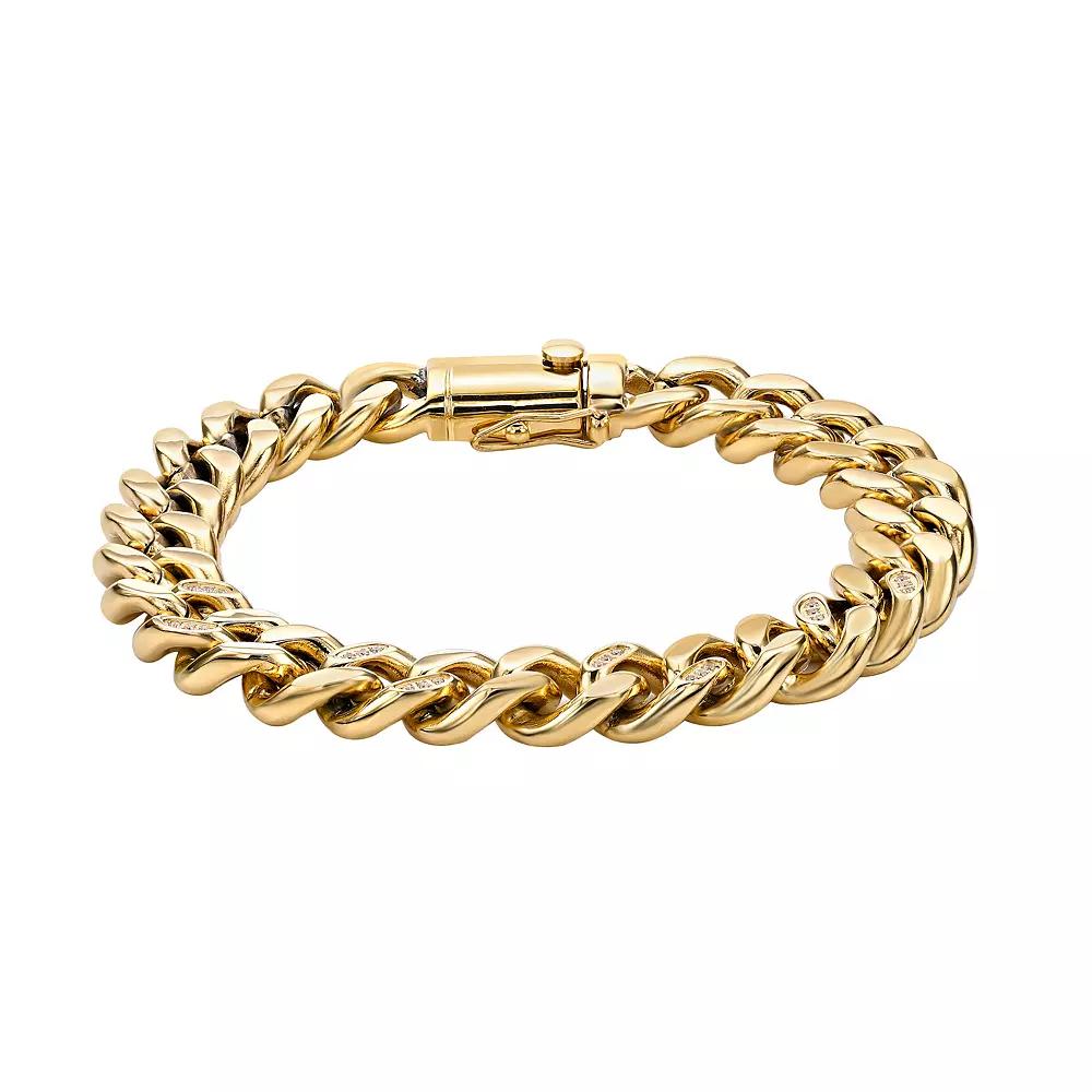 Men's LYNX Gold Tone Ion-Plated Stainless Steel Cubic Zirconia Chain Bracelet, Size: 8.5" Product Image