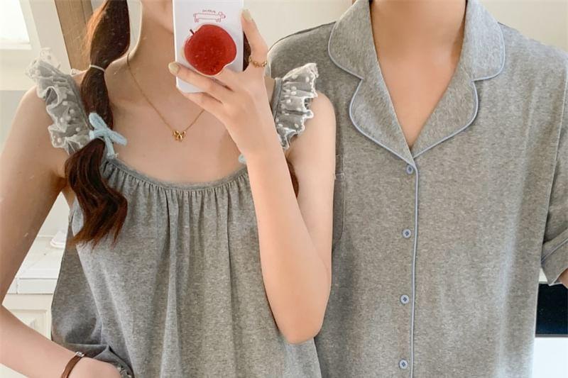Couple Matching Short-Sleeve Lapel Collar Contrast Trim Button Pajama Top / Lace Trim Tank Top / Lounge Shorts / Set (Various Designs) Product Image