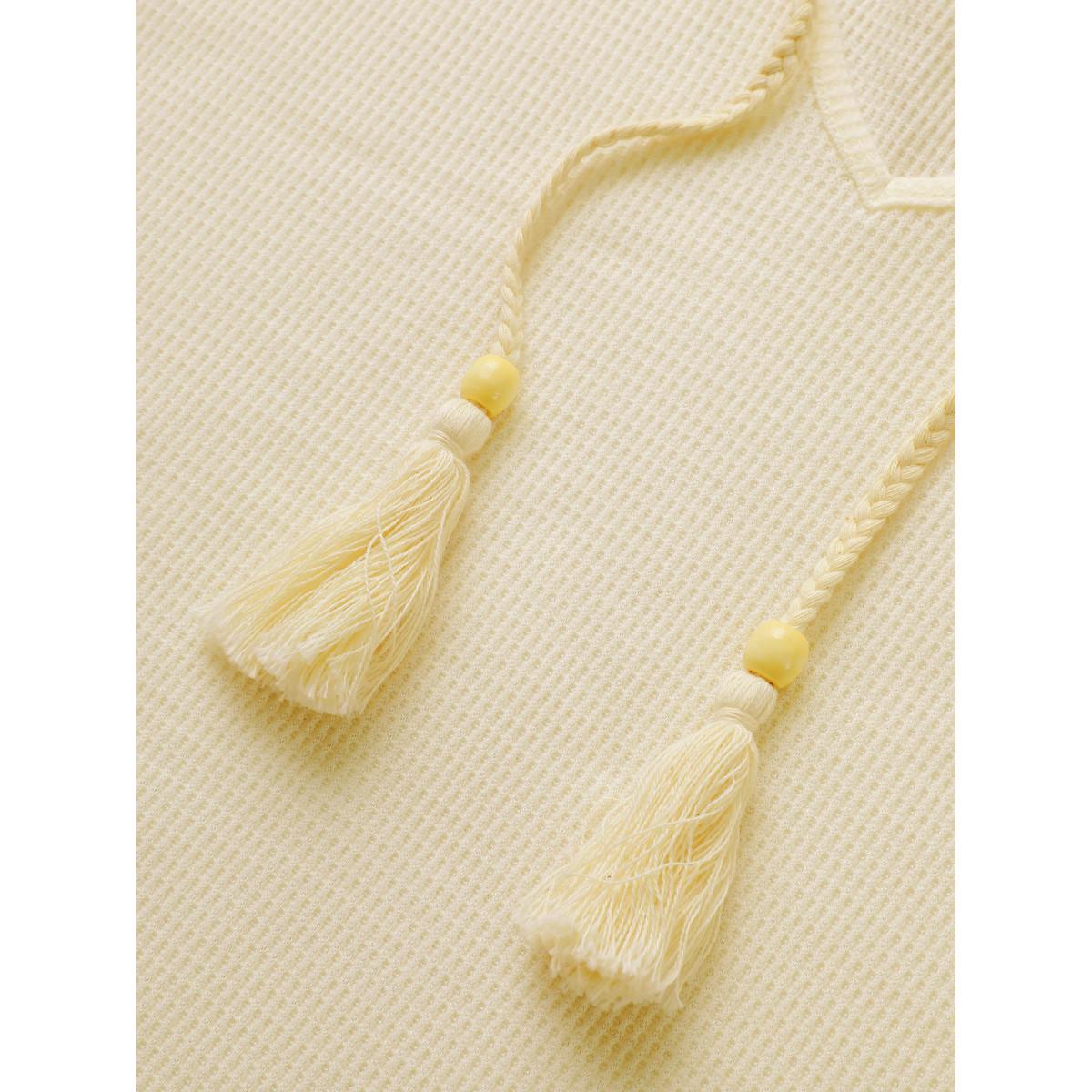 Plus Size Plain Waffle Knit Tassel Trim Hooded Sweatshirt Women Beige Casual Tassels V-neck Everyday Sweatshirts BloomChic 10/M Product Image