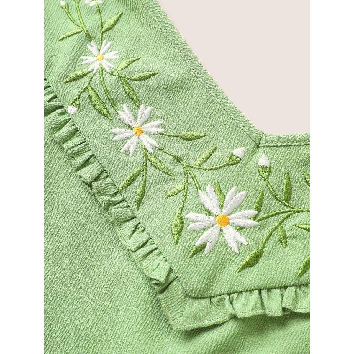 Plus Size Floral Embroidered Tassel Pleated Frill Trim Dress Mint Women Resort Belted Non Sleeveless Curvy Midi Dress BloomChic 12/L Product Image