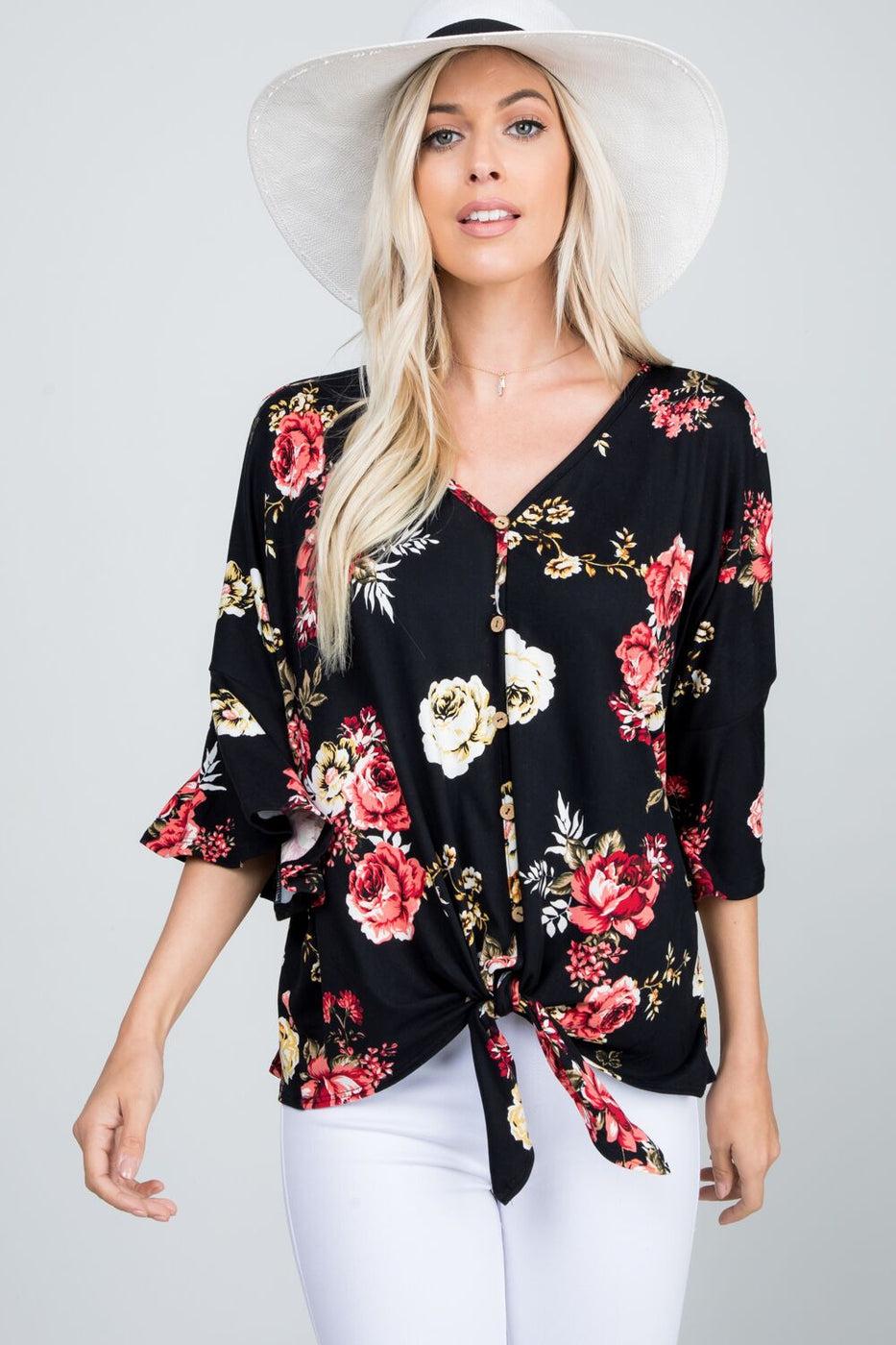 Floral print button down tied front Product Image