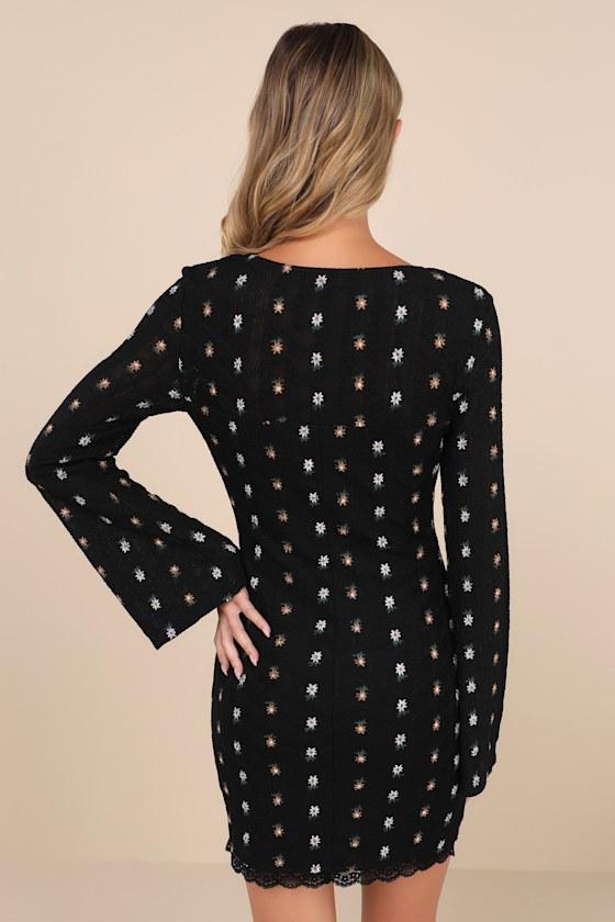 Notable Cuteness Black Floral Textured Long Sleeve Mini Dress Product Image