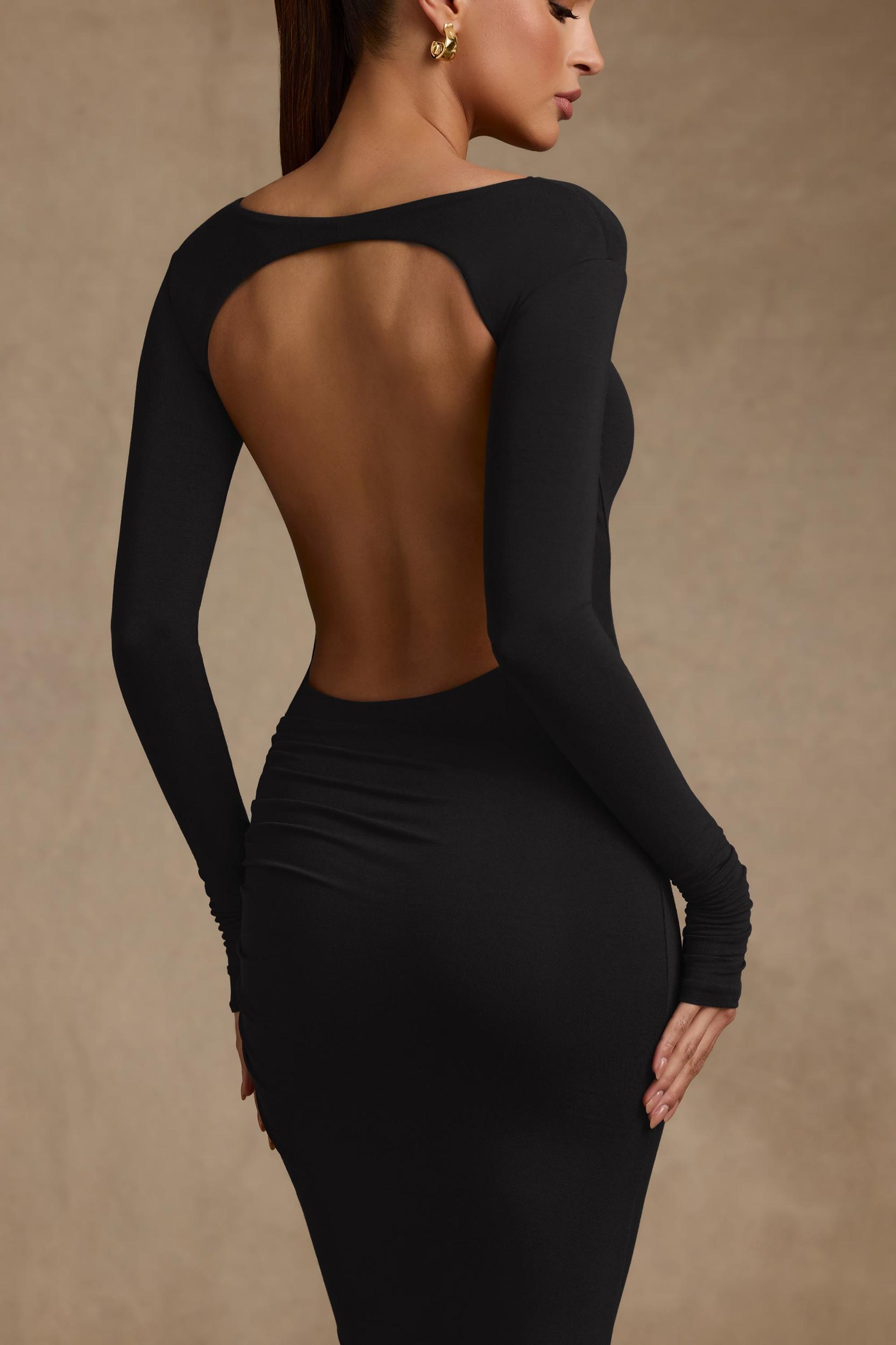 Modal Ruched Backless Maxi Dress in Black Product Image