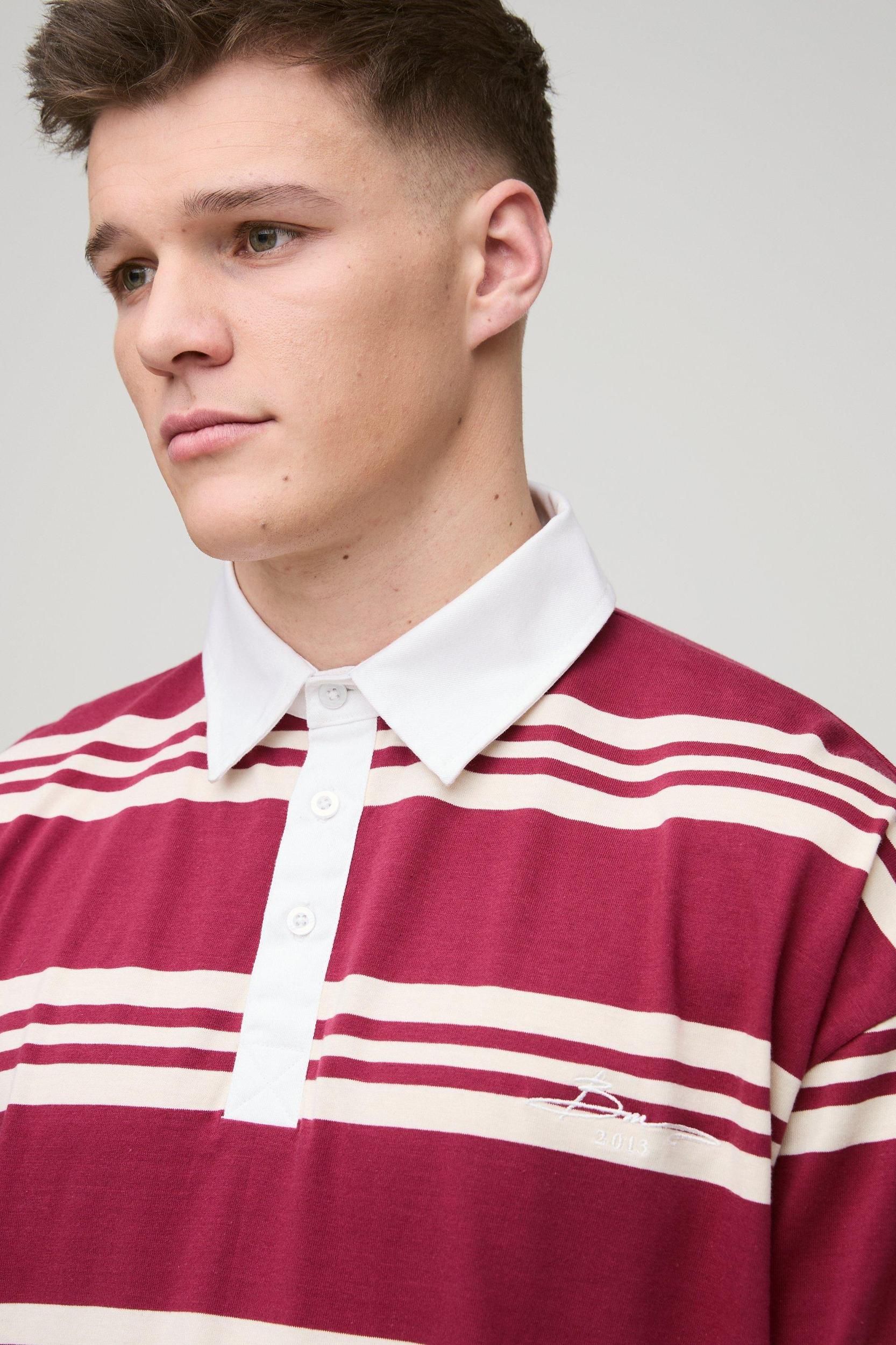 Tall Oversized Embroidered Faux Layer Stripe Polo | boohooMAN USA Product Image