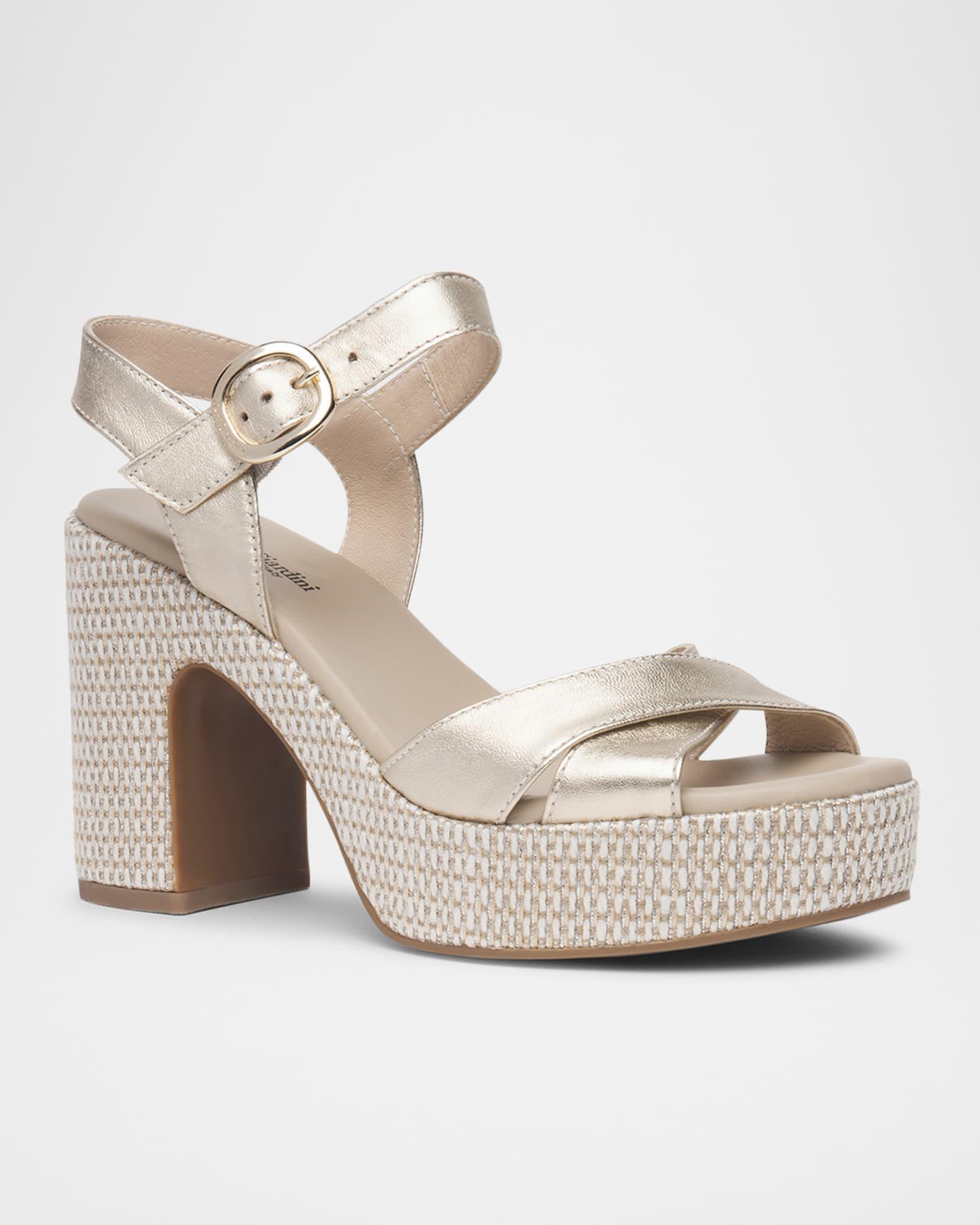 Metallic Leather Criss-Cross Strap Woven Platform Sandals Product Image
