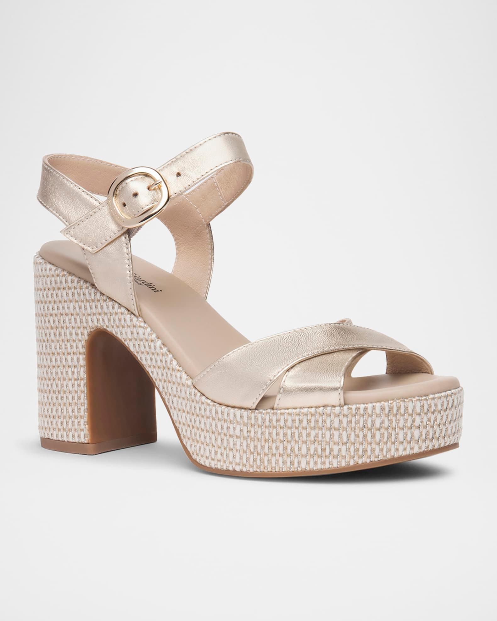 Metallic Leather Criss-Cross Strap Woven Platform Sandals Product Image