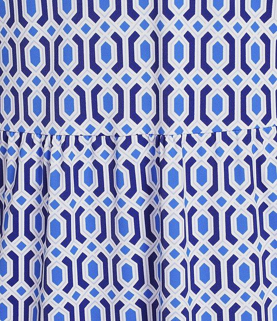 Jude Connally Terrace Geo Border Print Jude Cloth Stretch Knit V-Neck Short Puff Sleeve A-Line Tiered Midi Dress Product Image