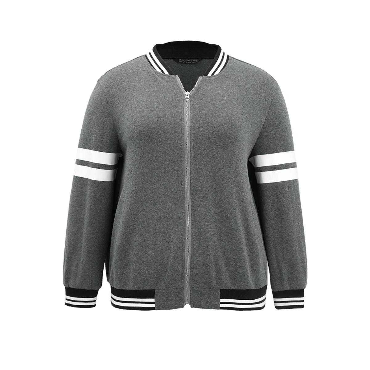 Plus Size Striped Patchwork Contrast Pocket Zipper Bomber Jacket Women DimGray Elastic cuffs Pocket Dailywear Jackets BloomChic 22-24/3X Product Image