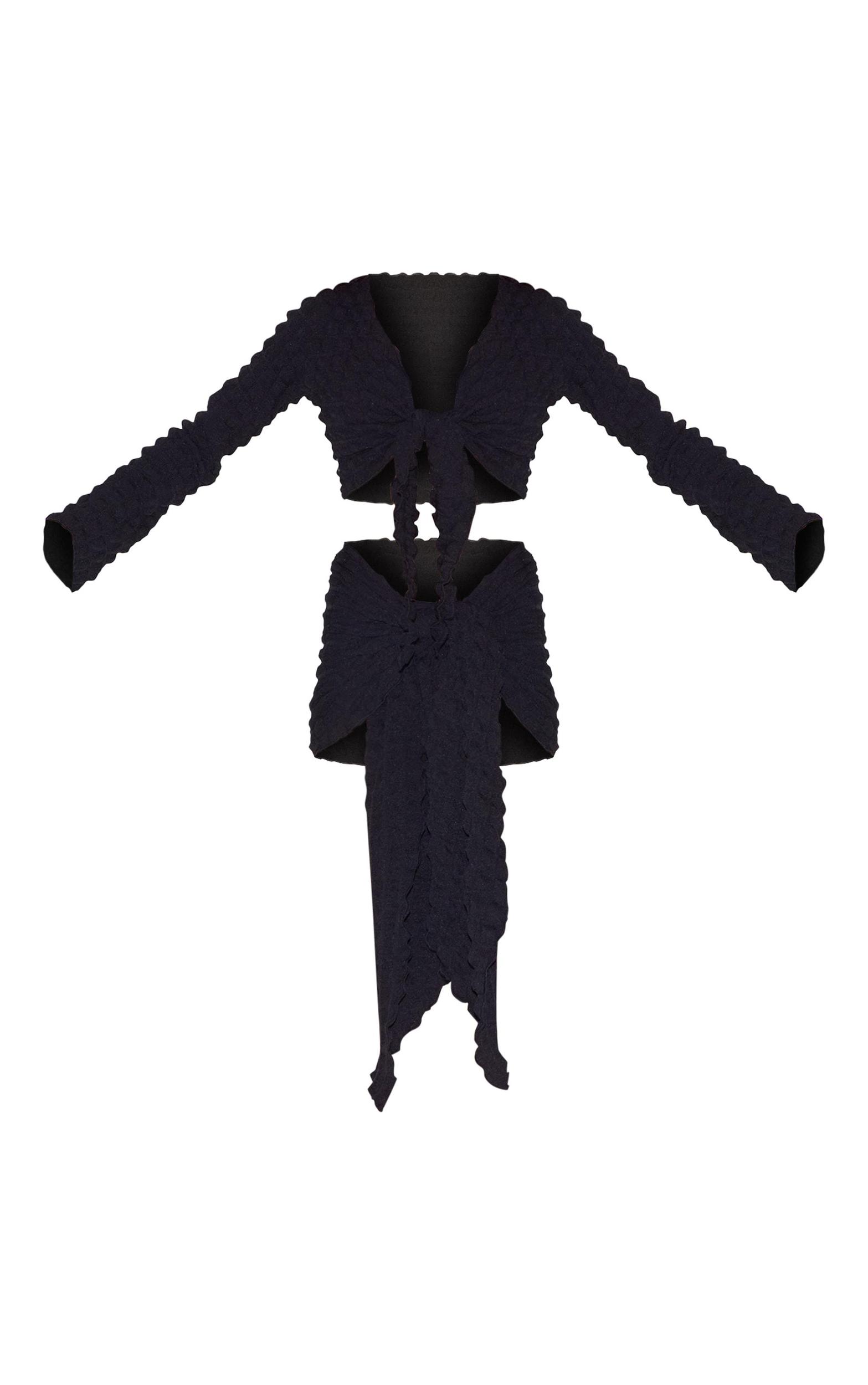 Black Bubble Texture Tie Front Top And Sarong Beach Set Product Image