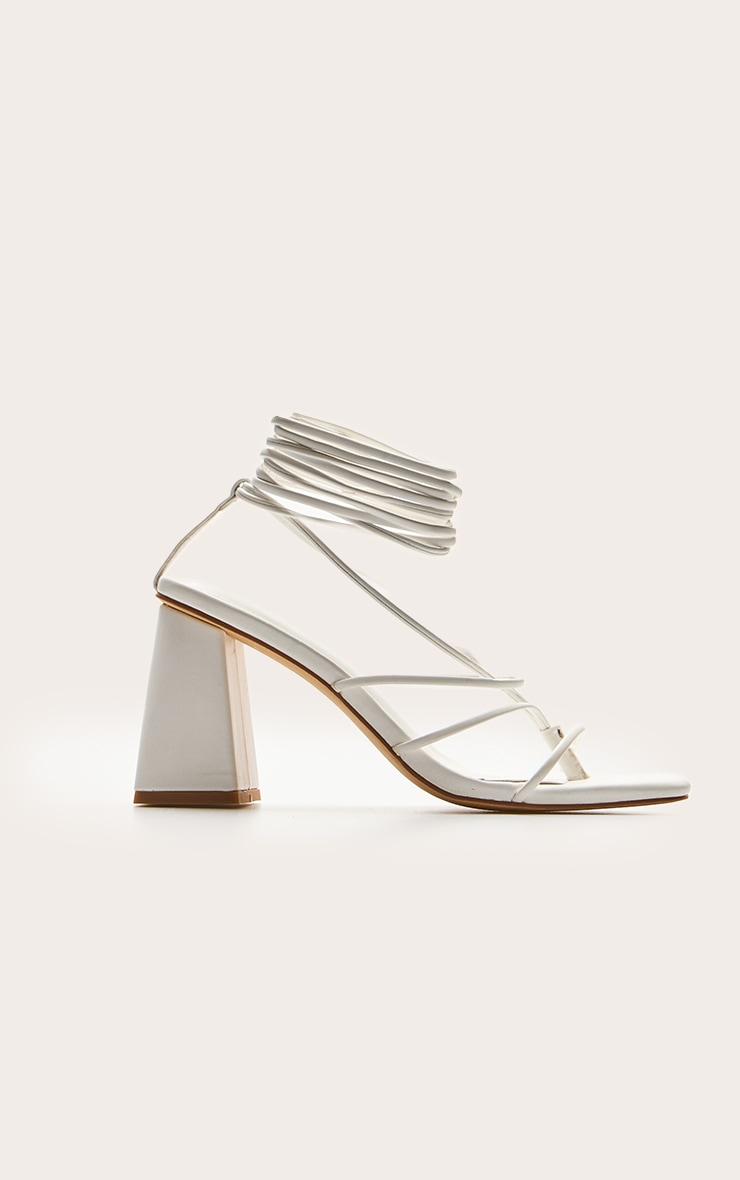 White Pu Square Toe Thong Strappy Lace Up Block Heeled Sandals Product Image