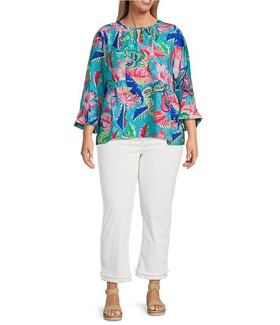 Ali Miles Plus Size Woven Tropical Leaf Print Round Neck 3/4 Sleeve Top Product Image