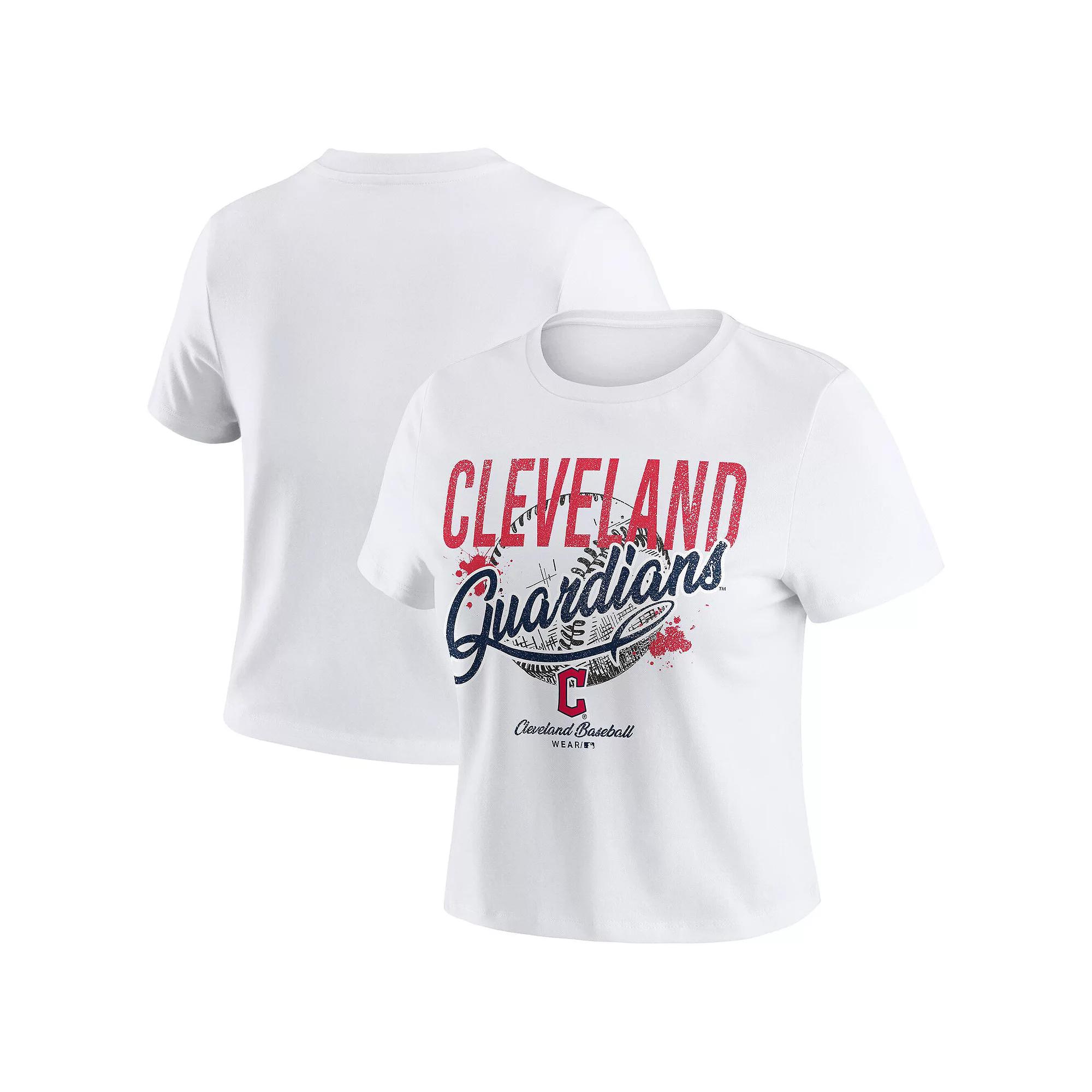 Women's WEAR by Erin Andrews  White Cleveland Guardians Distressed Cropped Baby T-Shirt, Size: Large, Grd White Product Image