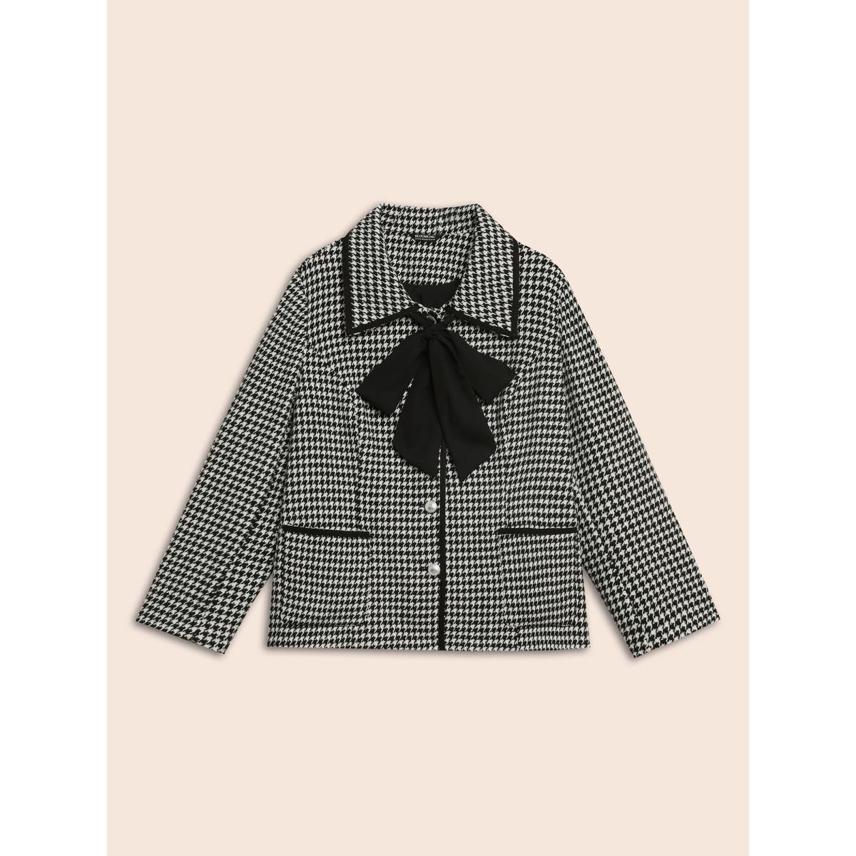 Plus Size Houndstooth Tie Knot Woven Ribbon Jacket Women Black Woven ribbon&lace trim Patch pocket Everyday Jackets BloomChic 18-20/2X Product Image