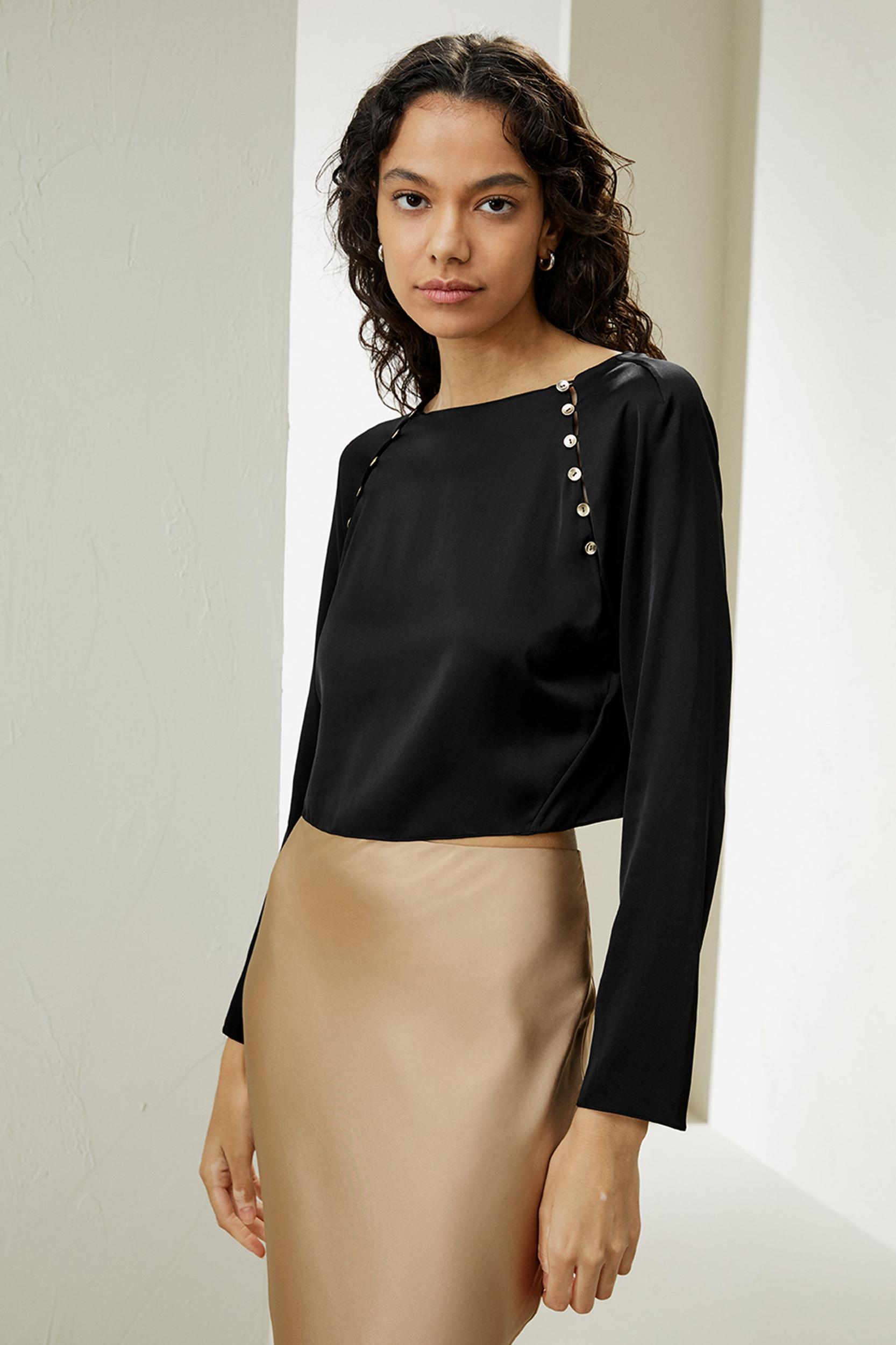 LILYSILK Women's Cropped Double Joe Silk Elegant Button Detail Top in Pearl White, Size 4 Product Image