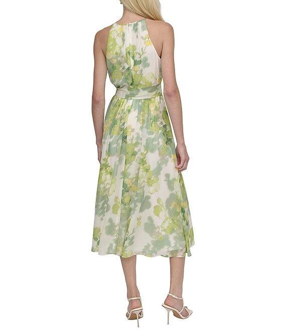 DKNY by Donna Karan Chiffon Floral Print Halter Neck Sleeveless Waist Tie Blouson Midi Dress Product Image