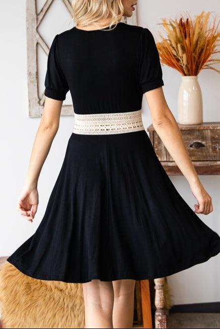Black Crochet Waist V-Neck Dress Product Image