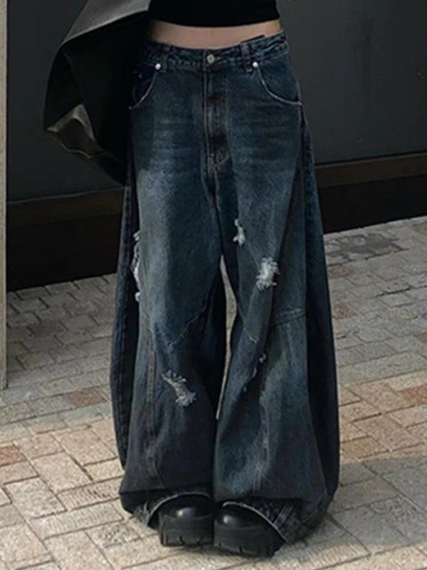 Retro Distressed Dirty Dyed Wide Legs Boyfriend Jeans Product Image