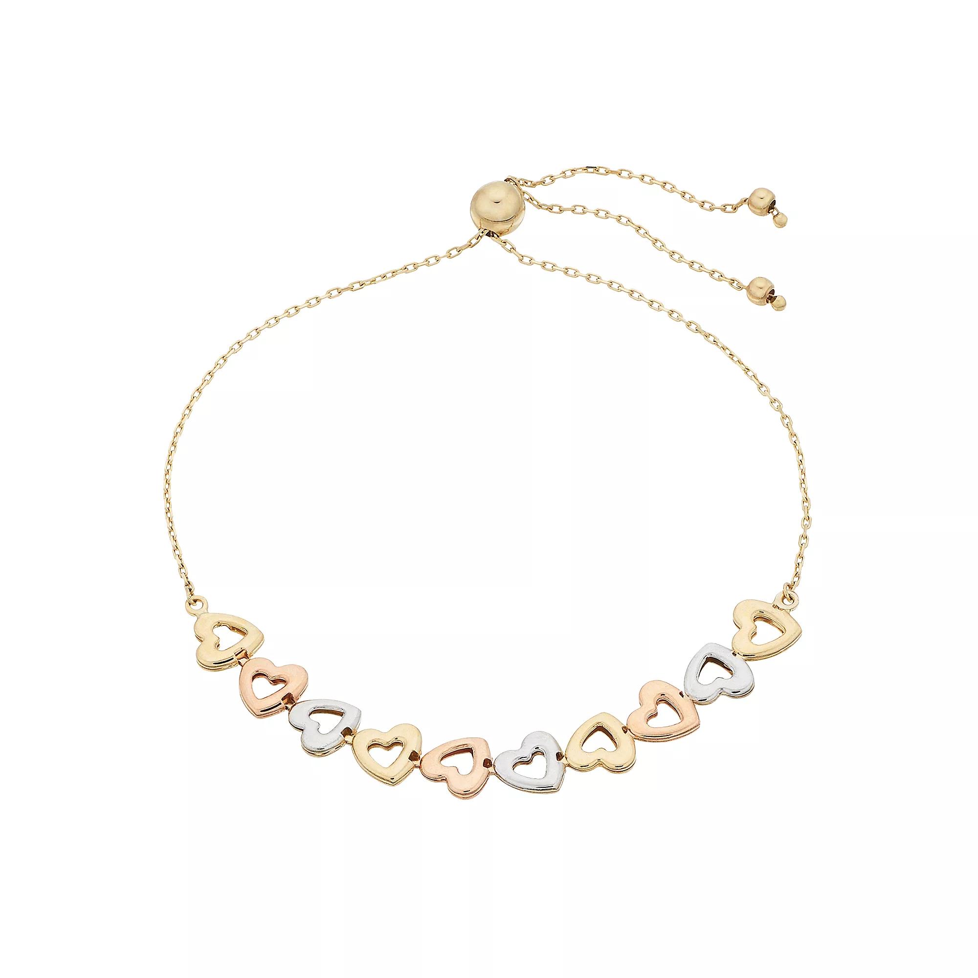 Tri-Tone 14k Gold Heart Link Bolo Bracelet, Womens Product Image