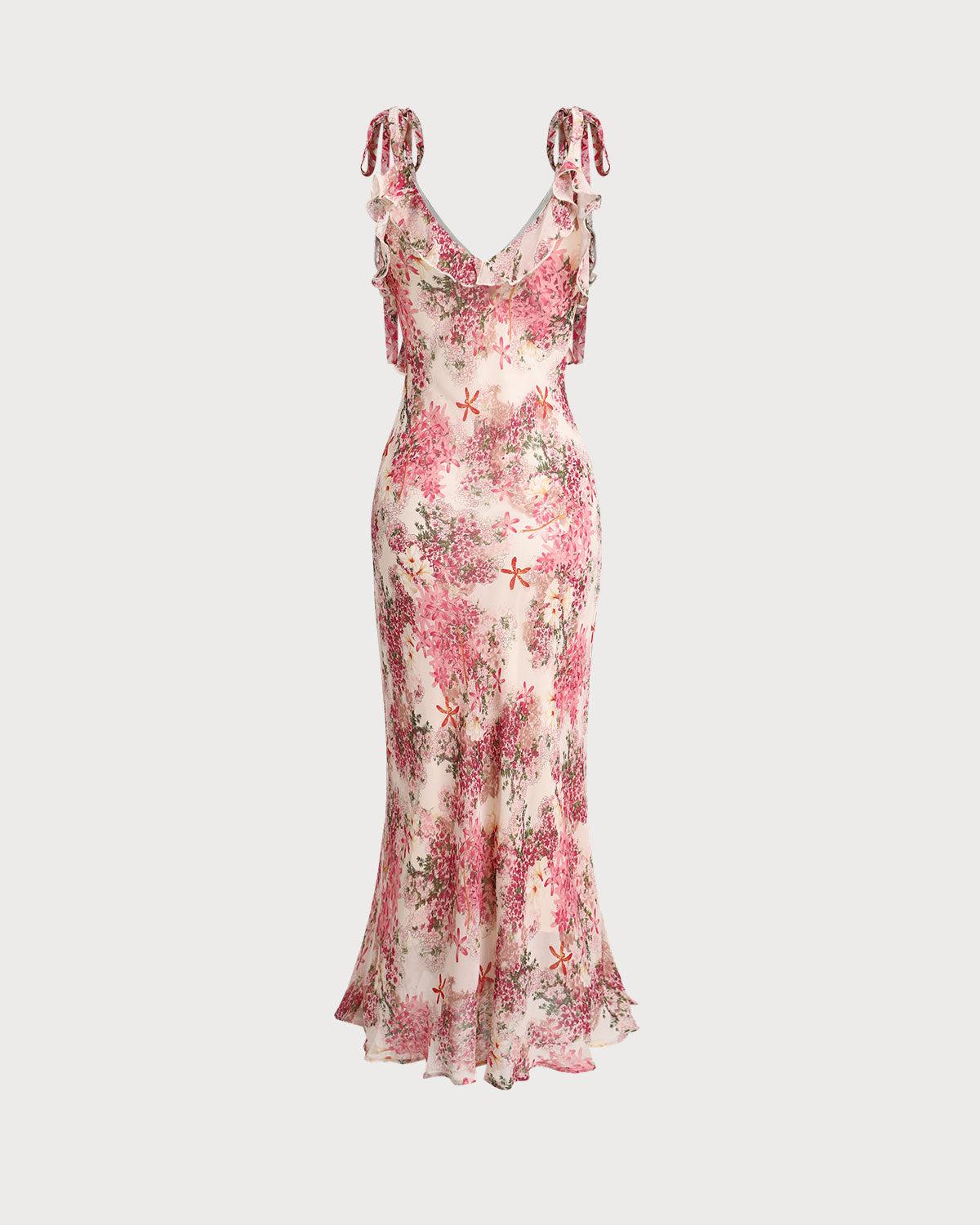Pink Floral Ruffle Tie Strap Midi Dress Product Image