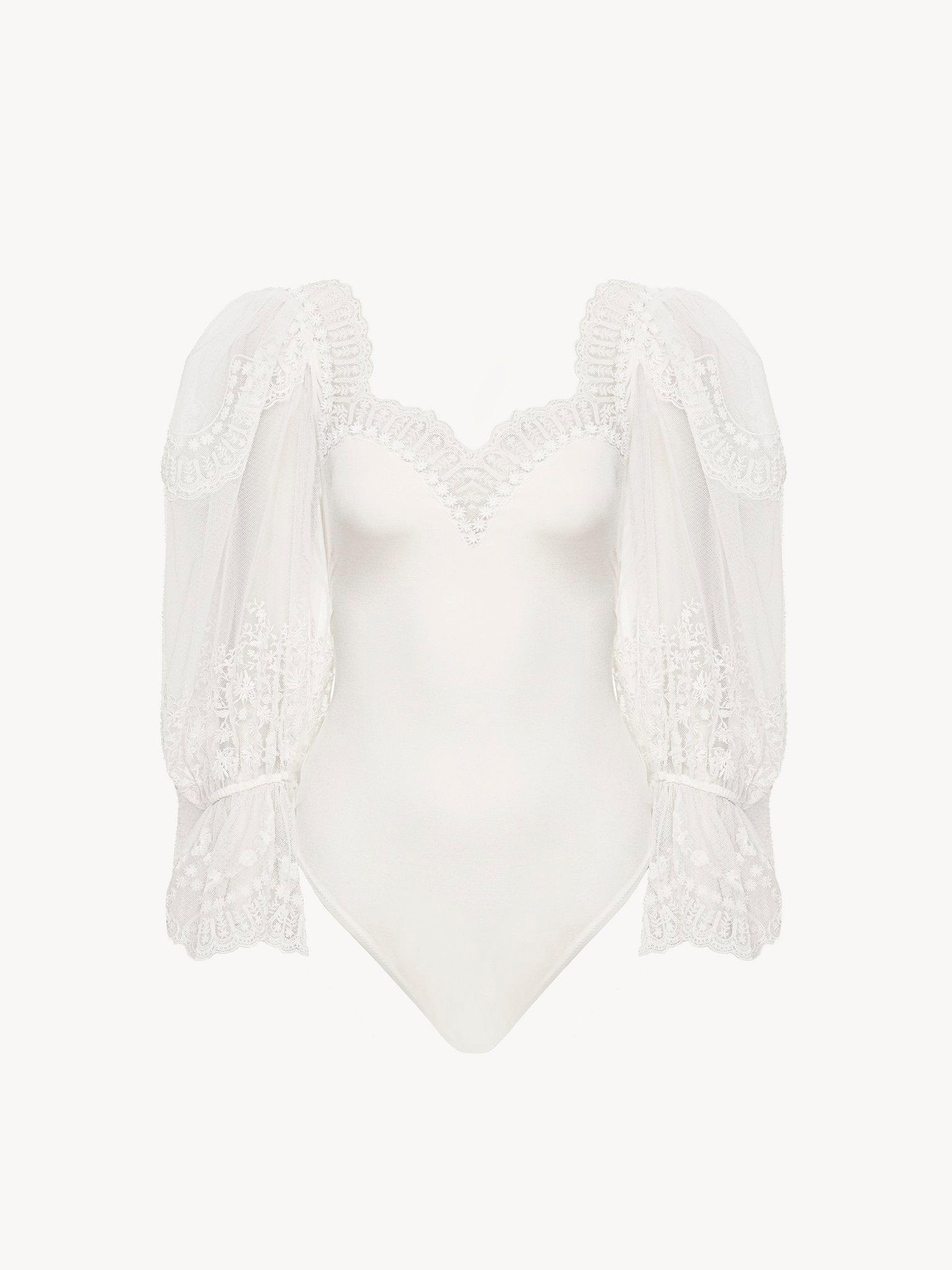 Puff-sleeve bodysuit in shiny stretch jersey & lace Product Image