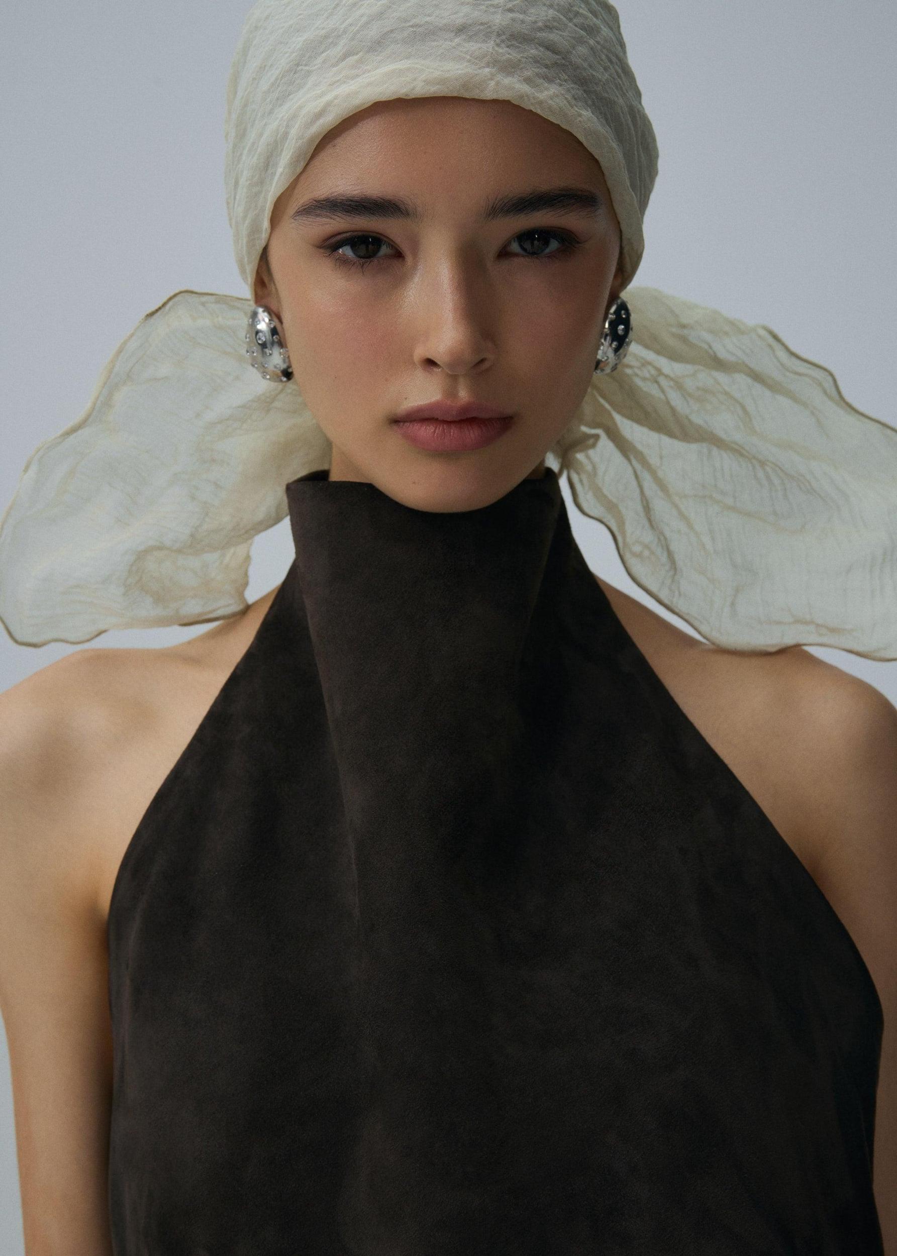 Flower applique halter dress in brown suede Product Image