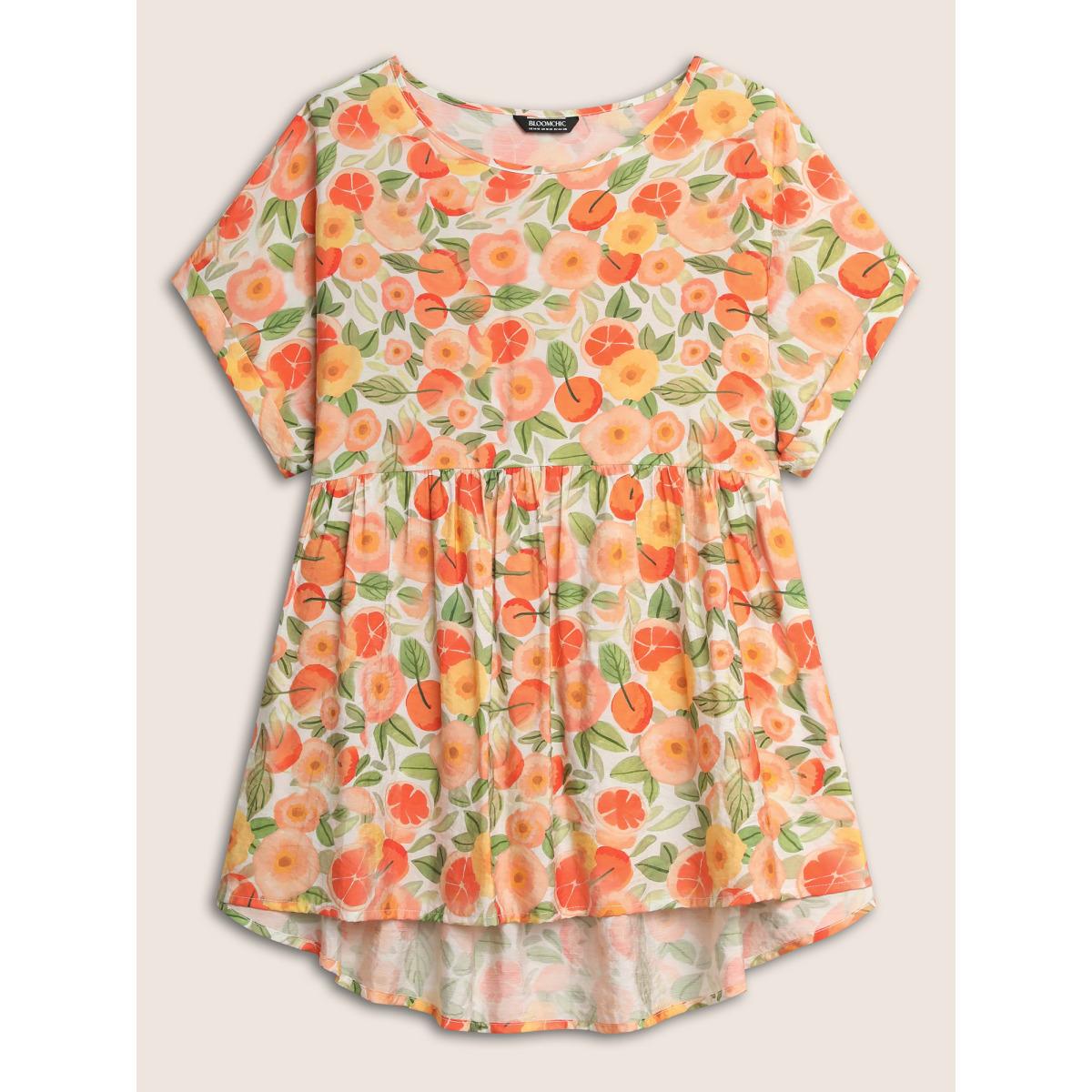 Plus Size Salmon Fruit Print Curved Hem Batwing Sleeve Blouse Women Leisure Cap Sleeve Round Neck Casual Blouses BloomChic 10/M Product Image