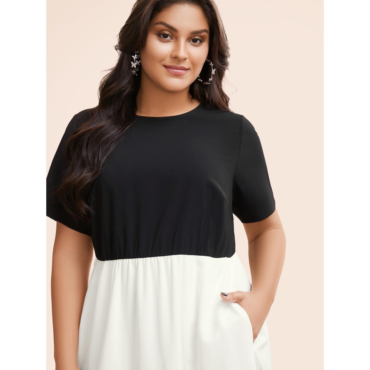 Plus Size Contrast Belted Pocket Layered Hem Dolman Sleeve Dress Black Women Elegant Belted Round Neck Cap Sleeve Curvy Midi Dress BloomChic 10/M Product Image