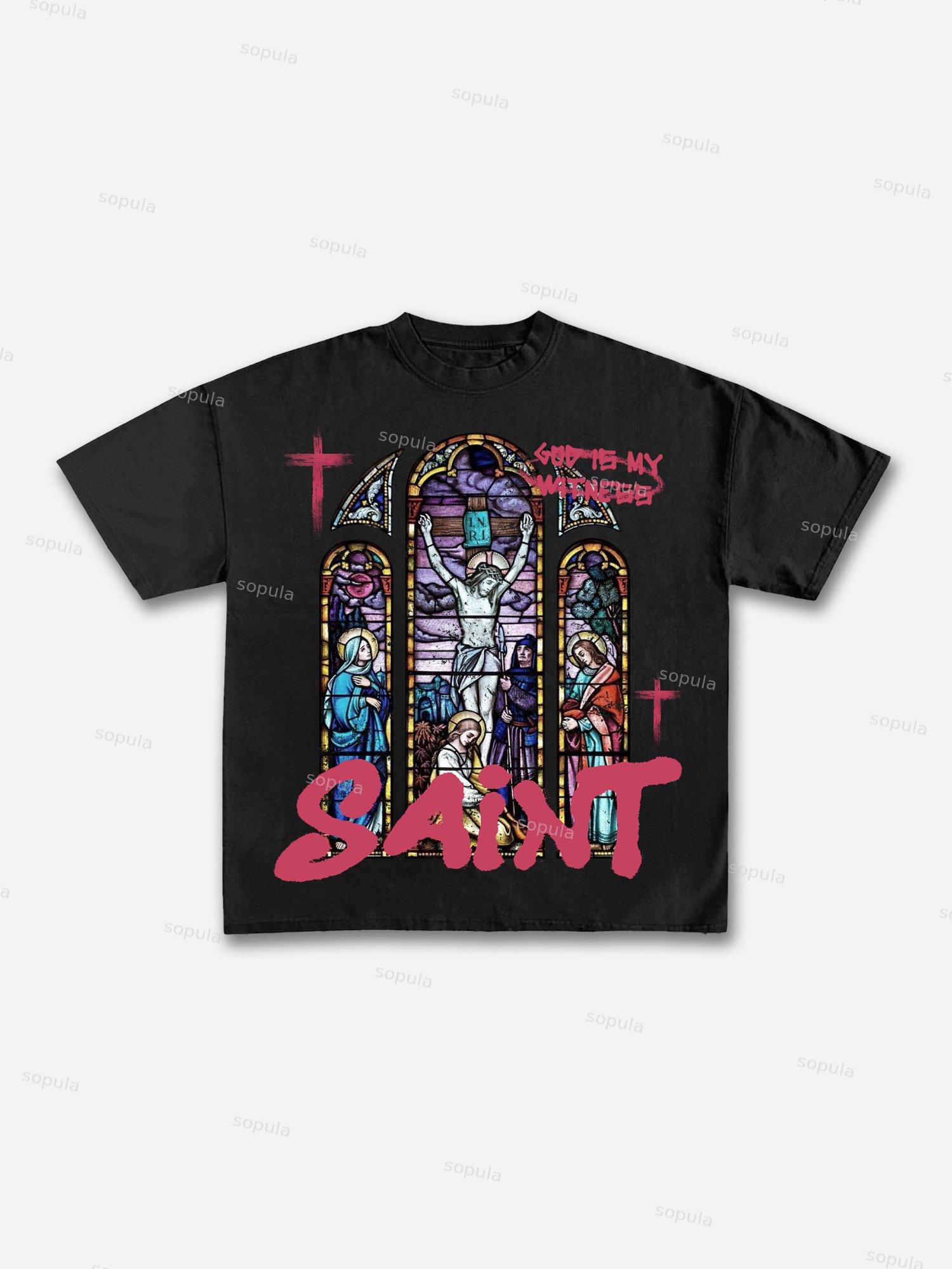 Jesus Church Window Vintage Graphic Cotton T-shirt Product Image