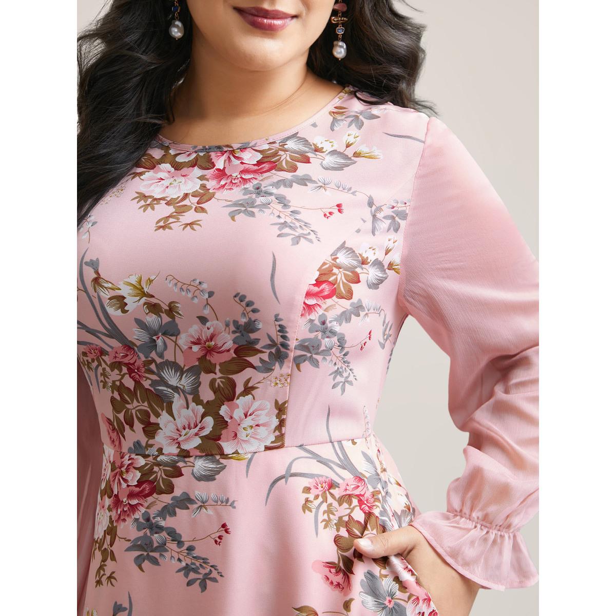 Plus Size Floral Print Spliced Waist Cinched Midi Dress MistyRose Women Romantic See through Round Neck Long Sleeve Curvy BloomChic 30/6X Product Image