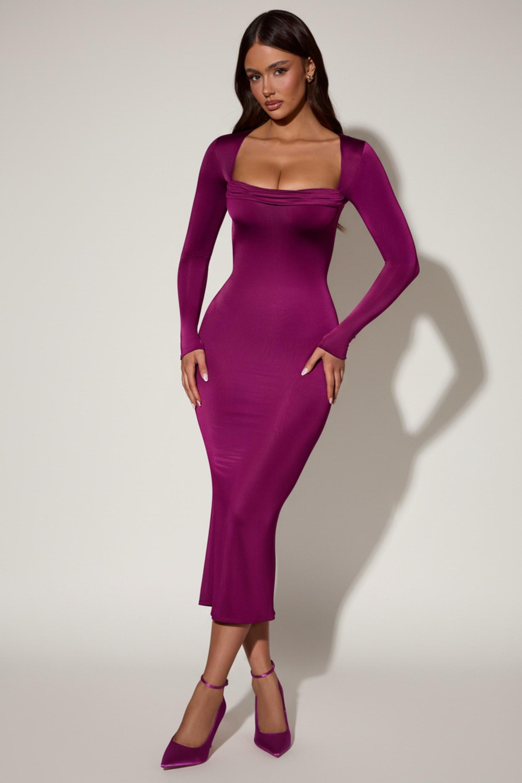 Cowl-Neck Long-Sleeve Midaxi Dress in Plum Product Image