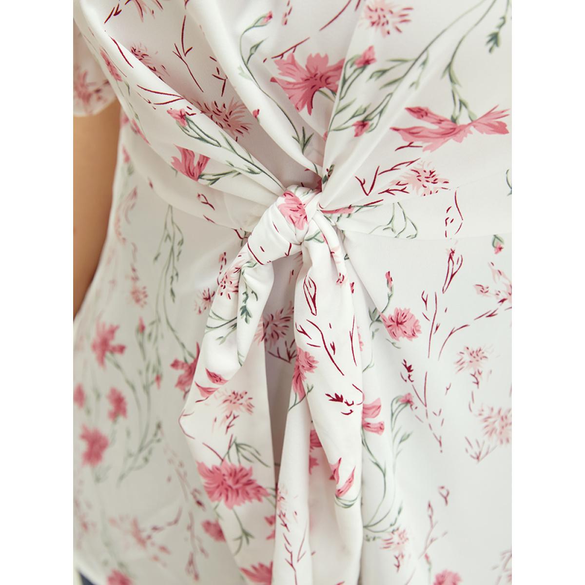 Plus Size Ivory Floral Ruffle Knyhole Raglan Sleeve Knotted Front Blouse Women Elegant Short sleeve Round Neck Dailywear Blouses BloomChic 10/M Product Image