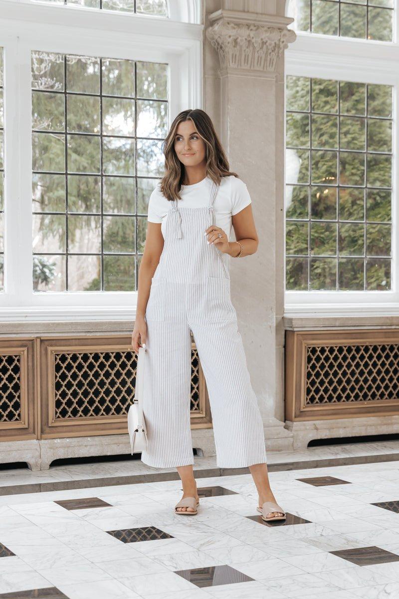 Taupe Stripe Linen Jumpsuit - FINAL SALE Product Image