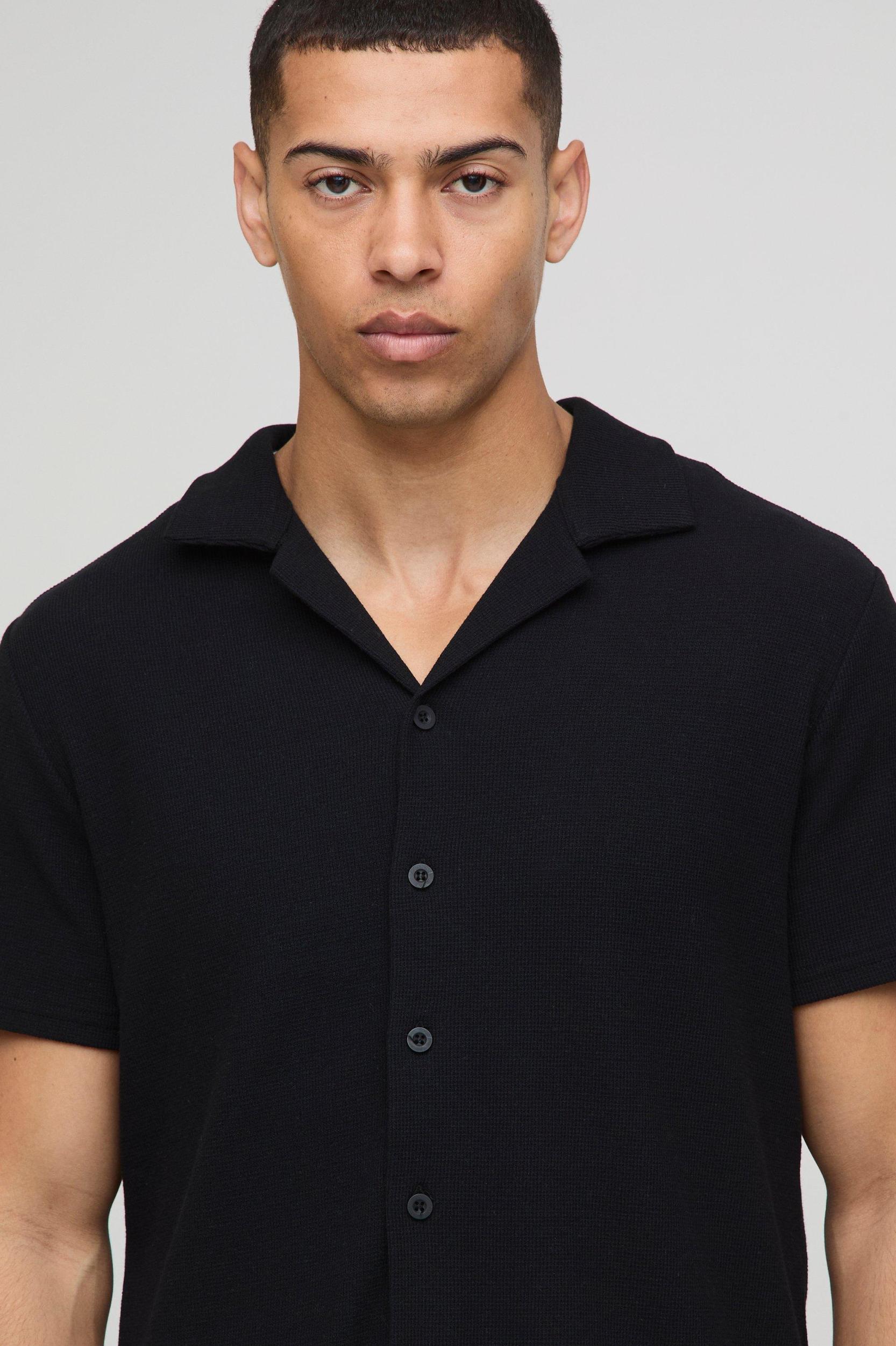 Regular Fit Textured Revere Collar Jersey Slub Shirt and Shorts Set | boohooMAN USA Product Image
