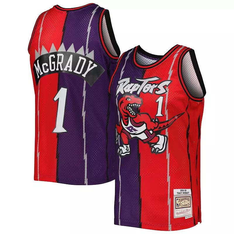 Mens Mitchell & Ness Tracy McGrady Purple/Red Toronto Raptors Hardwood Classics 1998/99 Split Swingman Jersey Product Image