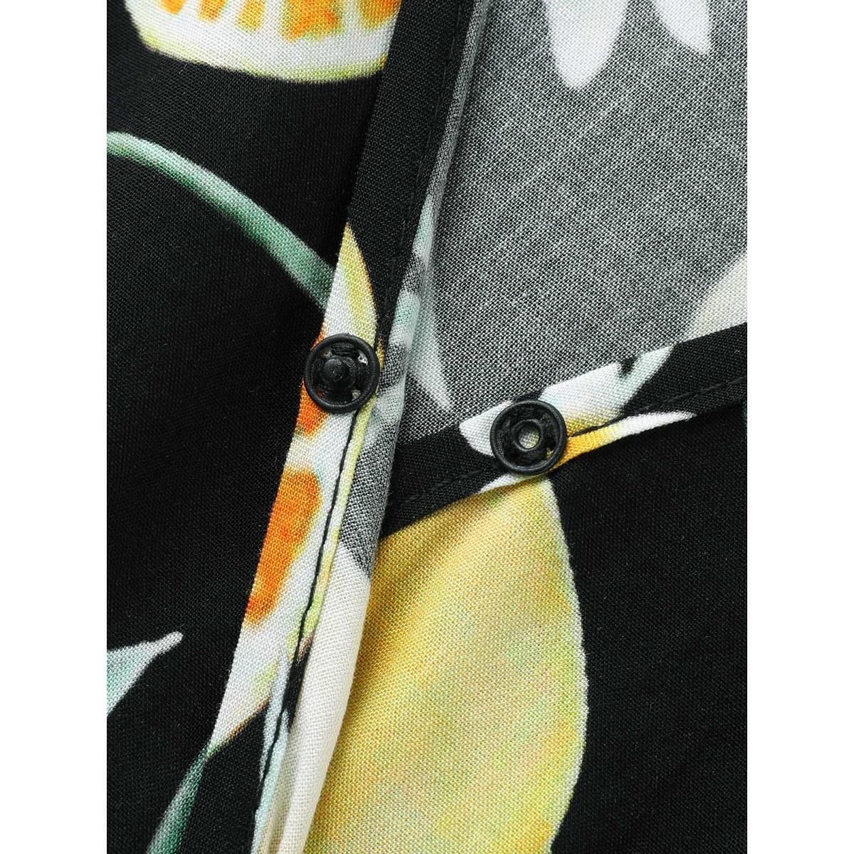 Plus Size Citrus Print Overlap Neck Shirred Midi Dress Black Women Timeless Overlap Collar Short sleeve Curvy BloomChic 14-16/1X Product Image