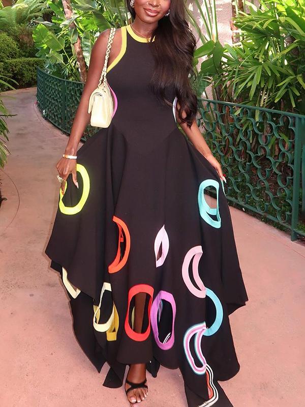 A-Line High Waisted Contrast Color Hollow Round-Neck Maxi Dresses Product Image