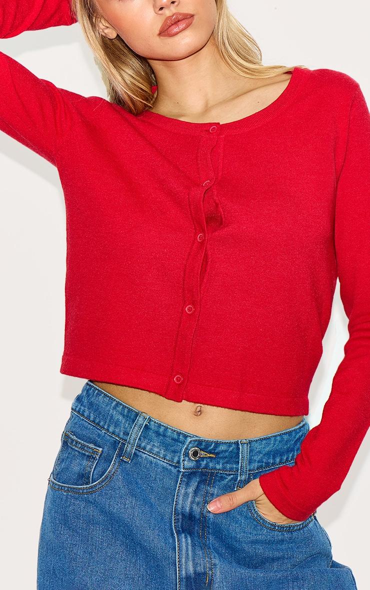 Red  Fine Knit Button Up Cardigan Product Image
