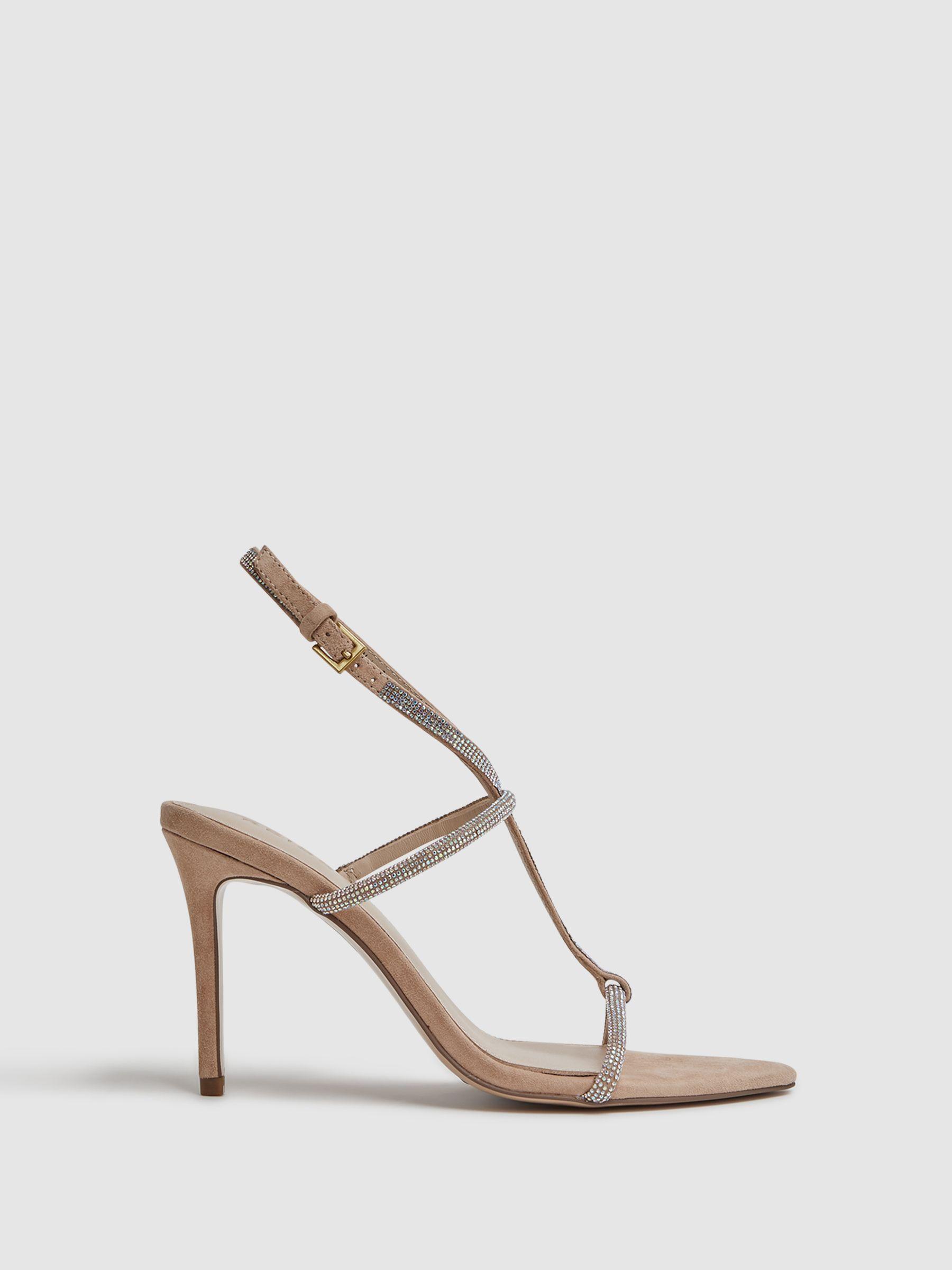 Embellished Suede Heeled Sandals in Nude Product Image