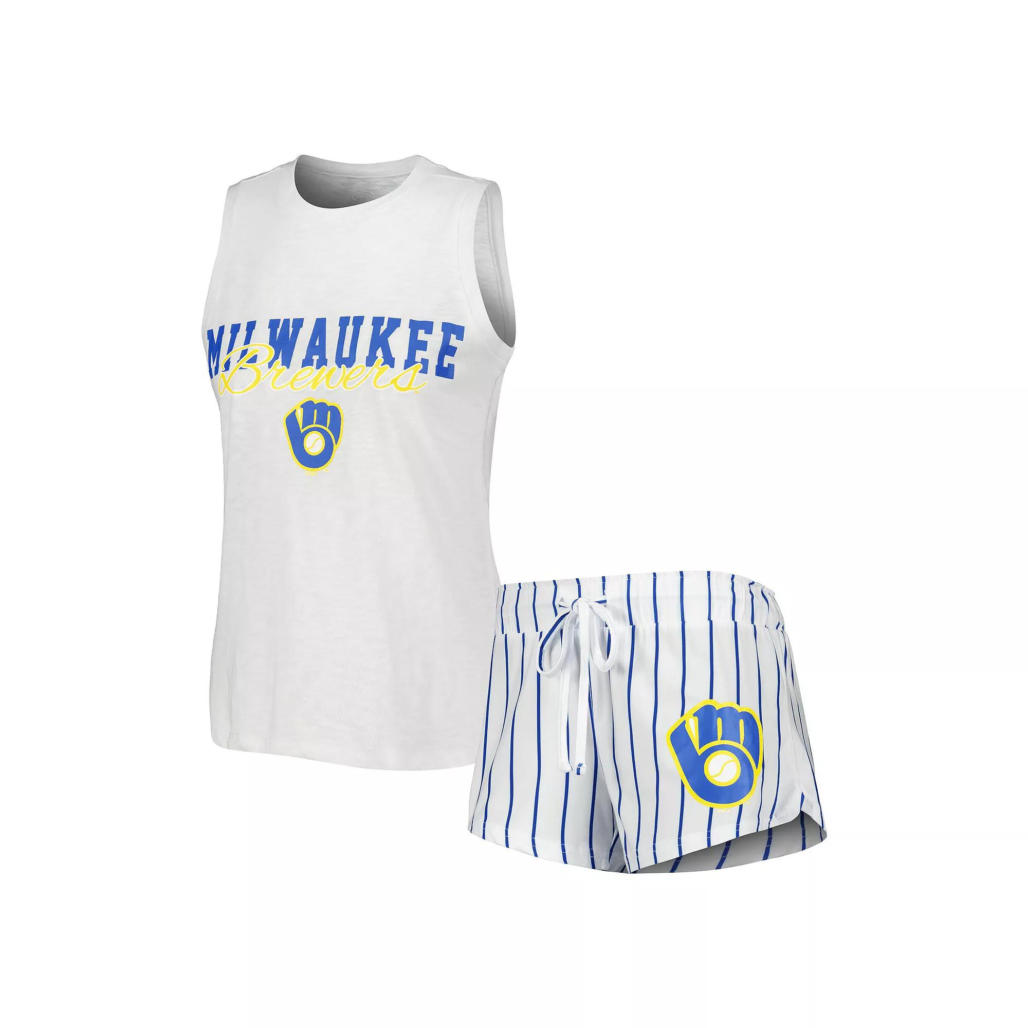Women's Concepts Sport White Milwaukee Brewers Reel Pinstripe Tank Top & Shorts Sleep Set, Size: XS Product Image